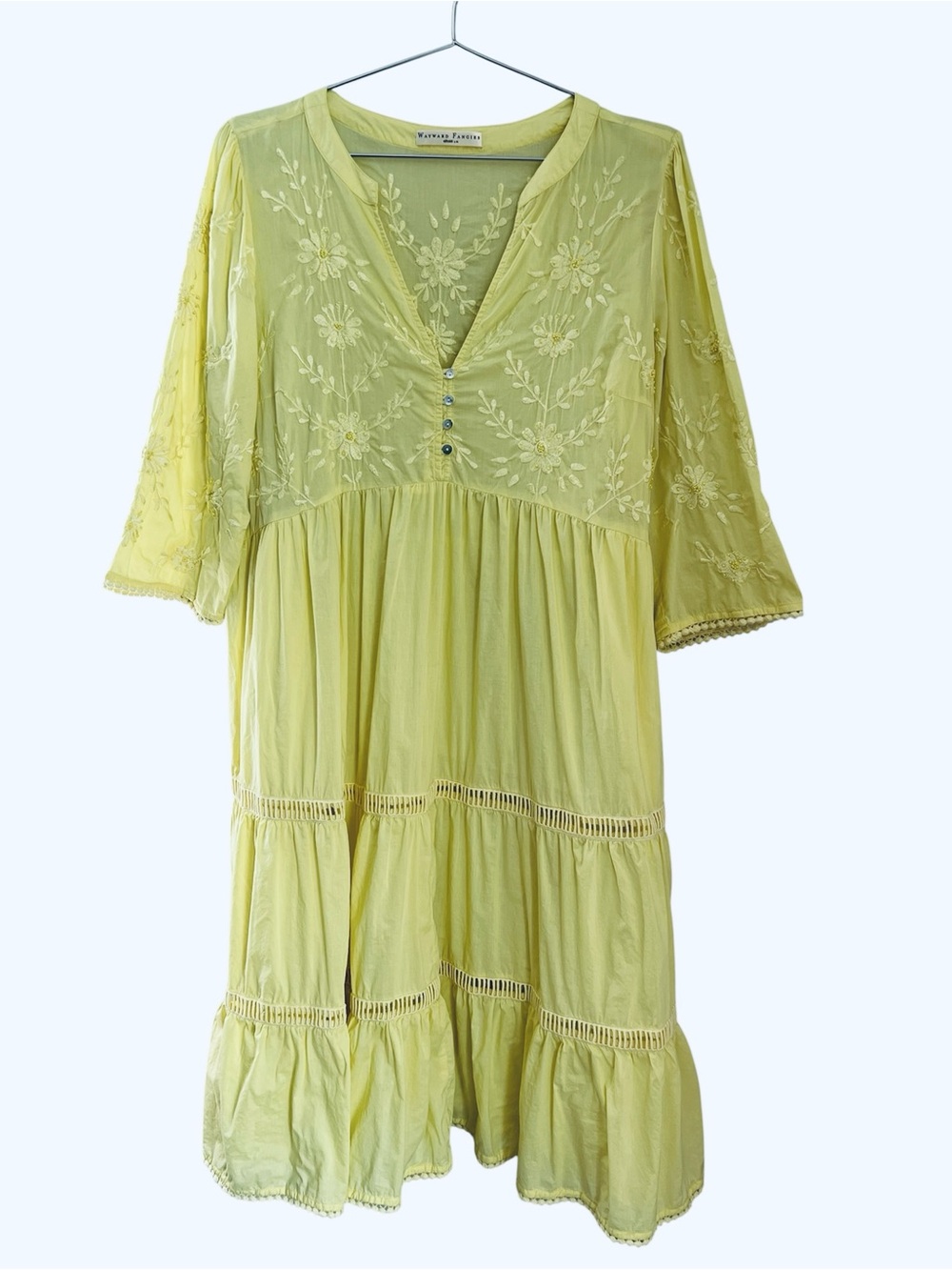 Wayward Fancies Eshakti Dress Womens L/ 14 Yellow Midi Tiered Boho *Missing Slip